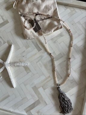 NWT Tommy Bahama Pale Blush & Gray Beaded Necklace with Gray Tassel